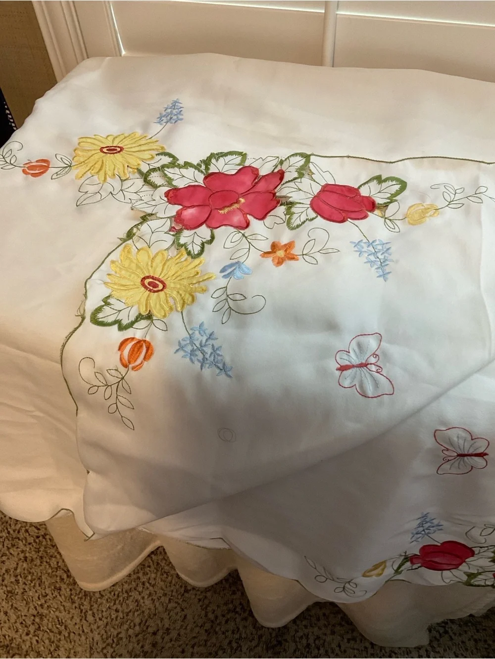 Embroidered Floral White Tablecloth with Multicolor Accents